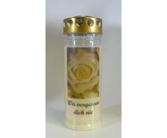 Grablicht-Kerze Rose-C Wir vergessen dich nie - 3771 - Brenndauer ca. 7 Tage – Grabkerze mit Motiv und Spruch - Trauerkerze mit Foto und Spruch