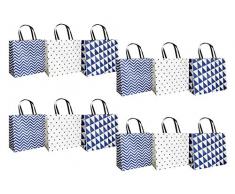 Emartbuy Set von 12 Luxus Geschenktasche Stark Laminiert Papier Gemischte Farben 30 x 26.5 x 12 cm - Dreiecke und Zickzack