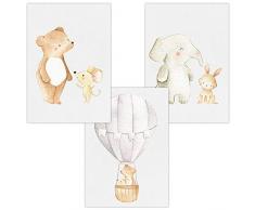 Wandbilder 3er Set für Baby & Kinderzimmer Deko Poster Freunde & Heißluftballon | Kunstdruck DIN A4 ohne Rahmen und Dekoration (Freunde & Heißluftballon, Bär, Maus, Elefant, Hase)