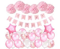 AivaToba Geburtstagsdeko Mädchen Happy Birthday Girlande Ballons Geburtstag Dekoration Set mit Luftballons Rosa, Seidenpapier Pompoms Rosa für Deko Geburtstag Taufe Mädchen