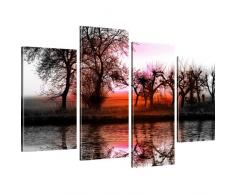 Wandbilder Landschaft Bild auf Leinwand See Leinwandbild Baum - 100x60 cm 4-Teilig: Rot