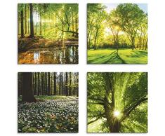 Artland Leinwandbilder auf Holz Wandbild Bild Set 4 teilig je 30x30 cm Quadratisch Landschaft Wald Grün Wald Bach Frühling Windrosen Sonne Baum K2FR