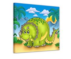 Wandbild - Dino Kinderbild - Triceratops - Bild auf Leinwand - 40x40 cm - Leinwandbilder - Kinder - Dinosaurier - Urwald - Vulkan