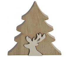 CHICCIE Hirsch Figur Weiß Aus Holz Mit Tannenbaum Braun 22,5cm - Hirschfigur Dekohirsch Rentierfigur Holzfigur