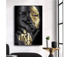 Ajcwhml Goldgesicht Hand Afrika Schwarze Frau Meditation Ölgemälde auf Leinwand Poster und Drucke Bild Kunst Bild für Wohnzimmer Kein Rahmen 60x90cm