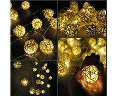 JnDee™ batteriebetrieben Handarbeit Rattan Kugel 2M 20er LED Lichterkette Weiße Kugel Deko Lichterkette Rattan-Ball Weidenholz-Ball warmweiß Batterie