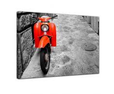 Kunstdruck - Retro Roller - Bild auf Leinwand 80 x 60 cm - Leinwandbilder - Bilder als Leinwanddruck - Motorisiert - schwarz weiß - roter Motorroller
