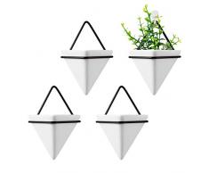 T4U 10cm Dreieck Wandvase Keramik mit Rahmen, Geometrische Wandmotage Pflanzgefäß Hängeampeln für Zimmerpflanzen, Weiß 4er-Set