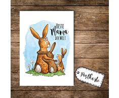 ilka parey wandtattoo-welt® A6 Postkarte Ansichtskarte Flyer Print Muttertag Hasenfamilie mit Spruch Beste Mama der Welt pk107