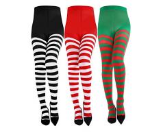 Blulu 3 Paar Weihnachtsstrumpfhosen, gestreift, volle Länge, Strumpfhosen, Damen, Weihnachtsstrümpfe für Weihnachten, Kostüm-Zubehör - mehrfarbig - Einheitsgröße