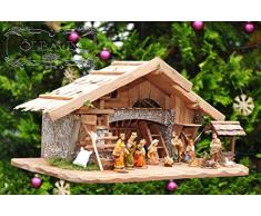 Massivholz-Weihnachtskrippe + Zubehör, K60MF-BRK-TLF2, NEU MIT BRUNNEN + BELEUCHTUNG + LAGERFEUER + TRAFO + LATERNE mit hochwertigen PREMIUM Krippenfiguren / FARBIG HANDBEMALT, 12er SET in edler Echtholz-Optik, mit 3 Königen