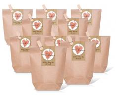 25 kleine braune Geschenktüten Größe: 14 x 22 x 5,6 cm + Deko-Holzklammer + Aufkleber Banderole SCHÖN DASS DU DA BIST rot weiß Herz gepunktet Papiertüte Verpackung Hochzeit Geburtstag give-away