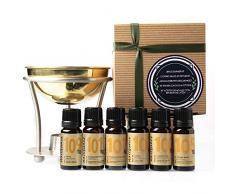 Aromatherapie Geschenkset - 6 Ätherische Öle + Duftlampe aus Messing