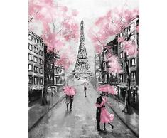 WWDFDD Malen nach Zahlen Kit DIY Ölgemälde Geschenk Rosa romantische Eiffelturm-Landschaft 40 * 50 cm Leinwand mit Pinsel für Erwachsene Kinder Anfänger Malerei Home Haus Dekor, Kein Rahmen