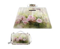 XINGAKA Picknickdecke，Rose Pink Blume Grün Blatt Korb Ölgemälde Romantik Romantische Liebe Frühling Kreative Pflanze，Outdoor Stranddecke wasserdichte sanddichte tolle Picknick Matte