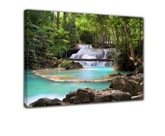 Wandbild - Wasserfall im Wald - Bild auf Leinwand - 80x60 cm - Leinwandbilder - Landschaften - Natur - Kaskade mit Wasserbecken - See