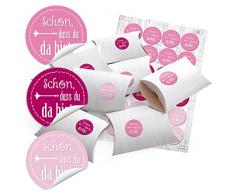 24 kleine Geschenkschachteln Geschenk-Boxen Kartons Holz Optik weiß 14,5 x 10,5 cm, 3 cm hoch + runde Aufkleber SCHÖN, DASS DU DA BIST in 3 Rosa Pink Rose Farben Ø 4 cm
