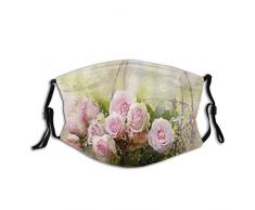 ZOMOY Gesichtsbedeckung,Rose Pink Blume Grün Blatt Korb Ölgemälde Romantik Romantische Liebe Frühling Kreative Pflanze,Wiederverwendbar Winddicht Staubschutz Mund Bandanas Outdoor Mit 2 Filtern