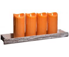 Dekoschale Holz Tablett 59x14cm inkl. 4 LED Kerzen 23cm Orange bewegte Flamme Timer Kerzentablett Shabby Chic Landhaus