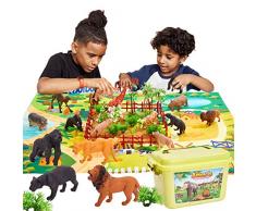Buyger 58 Stück Kinder Tiere Spielzeug Tierfiguren Set Tiere Modell Wildtiere Spielzeug mit Puzzle Accessories Spielmatte Kunststoff für Jungen Mädchen