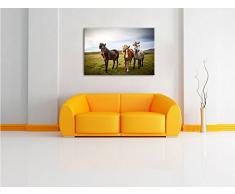 Drei wilde Islandpferde, Format: 100x70 auf Leinwand, XXL riesige Bilder fertig gerahmt mit Keilrahmen, Kunstdruck auf Wandbild mit Rahmen, günstiger als Gemälde oder Ölbild, kein Poster oder Plakat