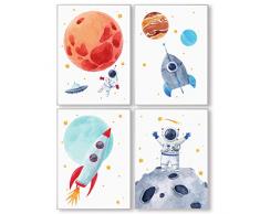 Pandawal Kinderzimmer Bilder für Junge und Mädchen Weltraum/Astronaut/Planeten Deko 4er Poster Set (S2) für Kinder Wandbilder im DIN a4 Format Kinderposter