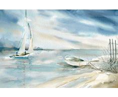Rahmen-Kunst Keilrahmen-Bild – Carol Robinson: Subtle Sail Leinwandbild Segel-Schiff Strand Meer maritim modern