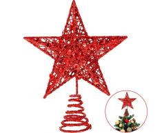 Blulu 6 Zoll Stern Baum Spitze Exquisit Schimmernd Weihnachtsbaum Topper für Christbaum Dekoration (Rot)
