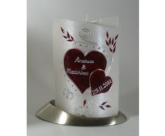 Hochzeitskerze mit Teelichteinsatz Oval 19/13 cm, Silber - 1327 - mit Namen und Datum - Perlmutt-Struktur - Kerze zur Hochzeit - Brautkerze - Herz