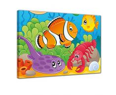 Wandbild - Kinderbild Unterwasser Tiere VI - Bild auf Leinwand - 50x40 cm einteilig - Leinwandbilder - Kinder - Rochen, Fisch und Languste