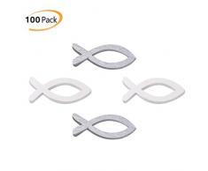 Qcore 100 Stücke Deko Fisch Holz Fische Streudeko Taufe Deko Taufe Junge Tischdeko Taufe Konfirmation Kommunion Dekoration - Klein 3,5cm (weiß Silber 100pcs)