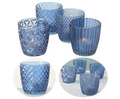 LS-LebenStil 4x Glas Teelichthalter Retro Blau 7cm Windlicht-Halter Kerzenständer