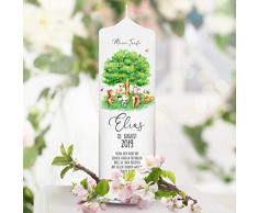 Taufkerze Junge Mädchen Baum mit Waldtieren - Kerze zur Taufe, Geburt oder Kommunion – weiß 25 x 7 cm mit Name, Datum, ggf. Taufspruch / / Taufkerze 25 x 7 cm (Taufspruch wie abgebildet)