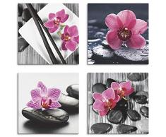 Artland Leinwandbilder auf Holz Wandbild Bild Set 4 teilig je 20x20 cm Quadratisch Wellness Zen Stein Pink Rosa Asien Orchidee S6MO