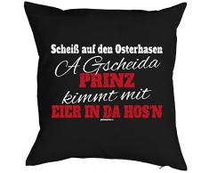 Ostergeschenke Kissen zu Ostern mit Innenkissen für das Osternest Osterdeko lustiges Motiv auf boarisch PRINZ EIER 40 x 40 cm in schwarz : )