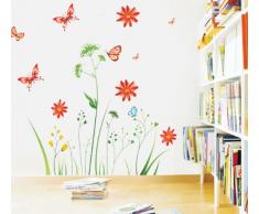 Wandtattoo Bunte Blume Pflanzen Schmetterling Wandmotiv Bordüren Schlafzimmer Sofa im Wohnzimmer TV Wandaufkleber