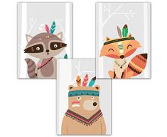 Frechdax® Kinder Wandbilder 3er Set A4 | Dekoration für Babyzimmer, Kinderzimmer | Set-04