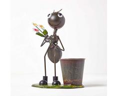 Homescapes Garten Deko Ameise mit Blumenstrauß, handbemalt Dekofigur aus Eisen, Gartenfigur mit Blumentopf Metall Tierfigur für Garten und Balkon, grün ca. 32 cm hoch