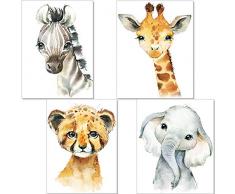 artpin® 4er Set Bilder Kinderzimmer Deko Junge Mädchen - DIN A4 Poster Tiere - Safari Afrika Wandbilder - Porträt Elefant Tiger Giraffe Zebra (P35)