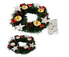 Annastore Adventskranz für Teelichter, fertig dekoriert Ø 30 cm inkl. 4 Teelichtern (Rot)