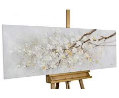 KunstLoft® Gemälde Zwischen verzweigten Ästen 150x50cm | Leinwandbild Unikat | Kirschblüten Zweig Beige Küche Schlafzimmer | handgemalt Bild | Acrylgemälde auf Leinwand | Acrylbild Keilrahmen