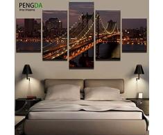 zayduo Leinwandbilder Bilder auf Moderne Home Decor Leinwandbild Kunst HD Drucken 5 Panel Manhattan Bridge Nacht Landschaftsmalerei Auf Leinwand Kunst