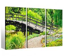 Leinwandbild 3 Tlg Garten Weg Teich See Pflanzen grün Natur Holz Brücke Bilder Leinwand Leinwandbilder Kunstdruck fertig gerahmt 9BF032, 3 tlg BxH:120x80cm (3Stk 40x 80cm)