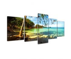 Wandbild - Tropical Beach Under Blue Sky - Thailand - Bild auf Leinwand - 200x80 cm 5 teilig - Leinwandbilder - Bilder als Leinwanddruck - Landschaften - Asien - Schaukel am Strand