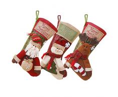 rismart 3 Paare Weihnachsstrumpf 3D Muster Schneemann Keindeer Sankt Süßigkeitstasche Wolle Aufhängen Nikolausstrumpf für Weihnachtsdeko