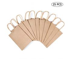 Vordas Welecoco 25 Stück Geschenktüten mit Henkel, Geschenktaschen aus braunem Kraftpapier Papiertüten mit Henkel Papiertaschen Naturpapier Papiertüten aus Kraftpapier(15×8×21cm)