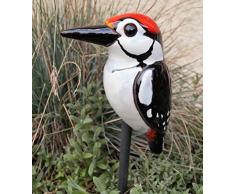 Dekostüberl Keramik Vogel Specht weiß/rot 14cm, inkl. Mini Blüte Gartendeko Figur Vögel Handarbeit