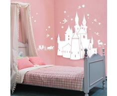 ilka parey wandtattoo-welt® Märchenschloss Wandtattoo mit Kutsche Elfen Feen Einhorn und Sternen Schloss Wandtattoo Schloss M327