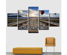 YXBNB 5 Leinwandbilder 5 Stücke Eisenbahn Heißluftballon Moderne Landschaft Wandkunst Bilder Für Wohnzimmer HD Leinwand Gemälde Wohnkultur