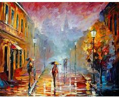 WULICHAO Ölgemälde Kunst Romantik Paar Regen Tag Straße Landschaft Poster Ölgemälde Auf Leinwand Moderne Wandbild Für Wohnzimmer, 60 Cm * 60 Cm